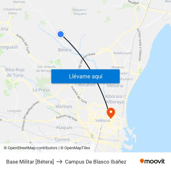 Base Militar [Bétera] to Campus De Blasco Ibáñez map