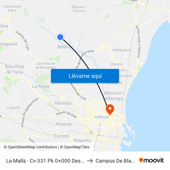 La Mallà - Cv-331 Pk 0+000 Descendente [Bétera] to Campus De Blasco Ibáñez map