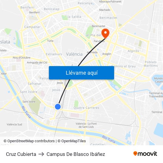 Cruz Cubierta to Campus De Blasco Ibáñez map