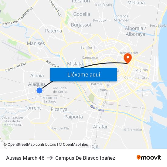 Ausias March 46 to Campus De Blasco Ibáñez map