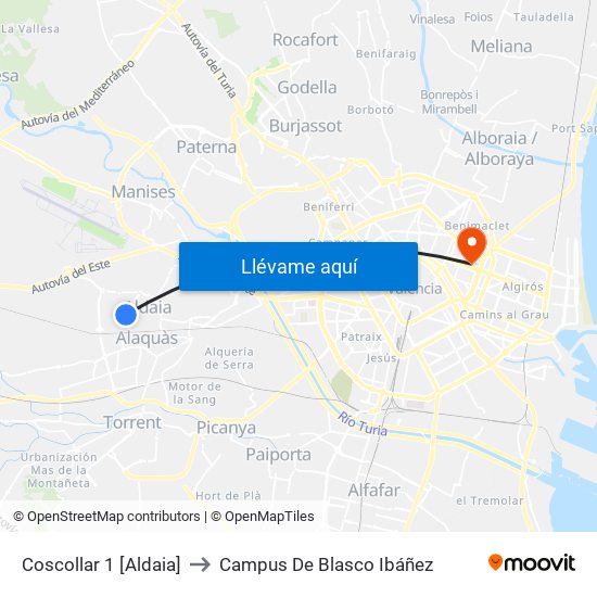 Coscollar 1 [Aldaia] to Campus De Blasco Ibáñez map