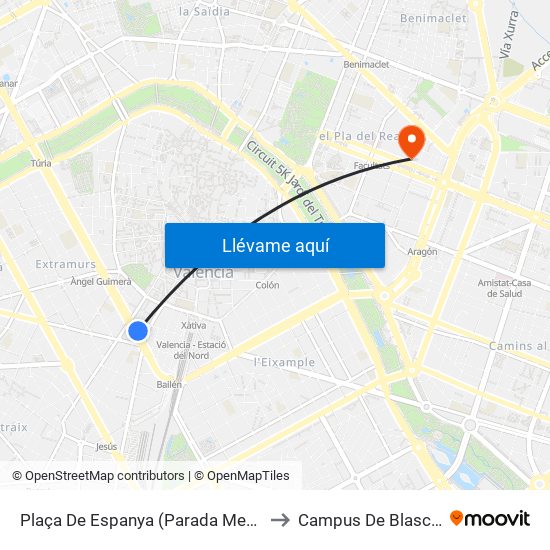 Plaça De Espanya (Parada Metro) [València] to Campus De Blasco Ibáñez map