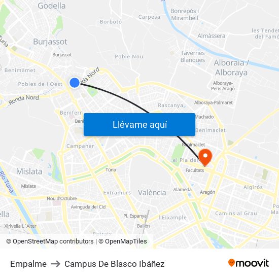 Empalme to Campus De Blasco Ibáñez map