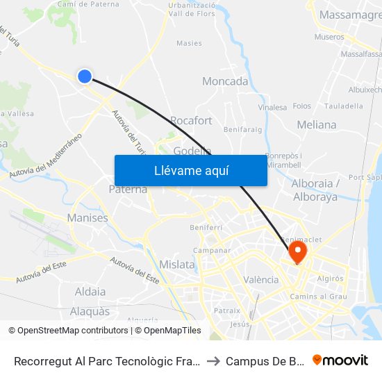 Recorregut Al Parc Tecnològic Franklin – Preuniv. II [Paterna] to Campus De Blasco Ibáñez map