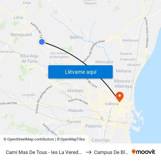 Camí Mas De Tous - Ies La Vereda [La Pobla De Vallbona] to Campus De Blasco Ibáñez map