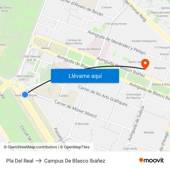 Pla Del Real to Campus De Blasco Ibáñez map