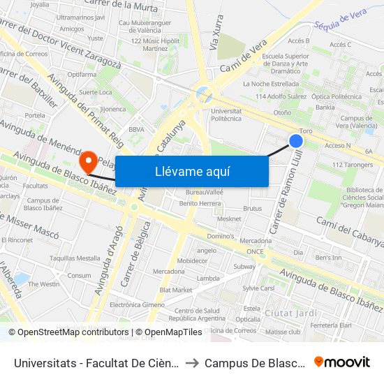 Universitats - Facultat De Ciències Socials to Campus De Blasco Ibáñez map