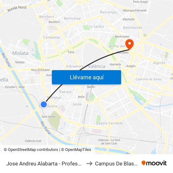 José Andreu Alabarta - Professor Àngel Lacalle to Campus De Blasco Ibáñez map