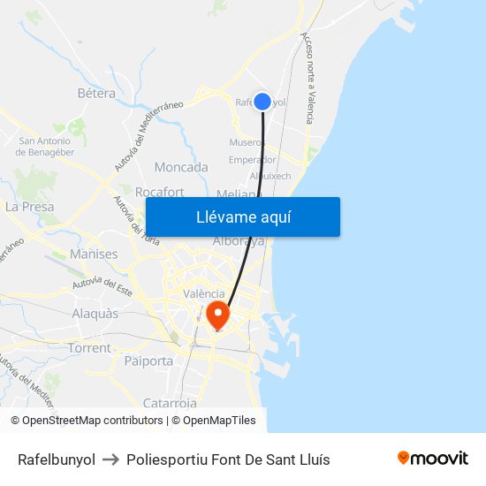 Rafelbunyol to Poliesportiu Font De Sant Lluís map