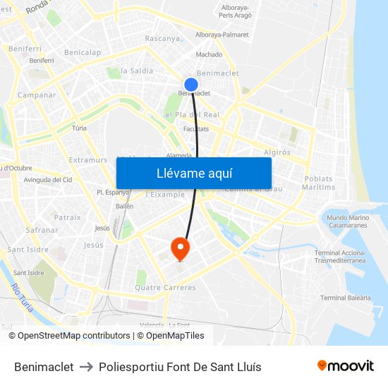 Benimaclet to Poliesportiu Font De Sant Lluís map