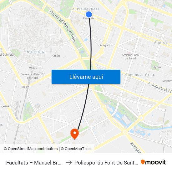 Facultats – Manuel Broseta to Poliesportiu Font De Sant Lluís map