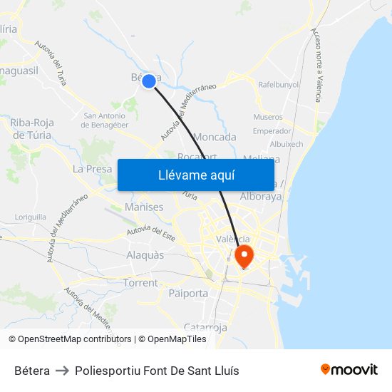 Bétera to Poliesportiu Font De Sant Lluís map