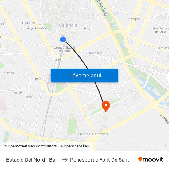 Estació Del Nord - Bailén to Poliesportiu Font De Sant Lluís map