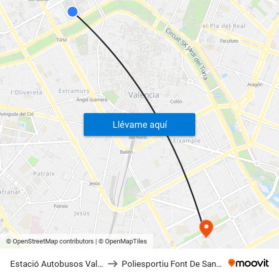 Estació Autobusos València to Poliesportiu Font De Sant Lluís map