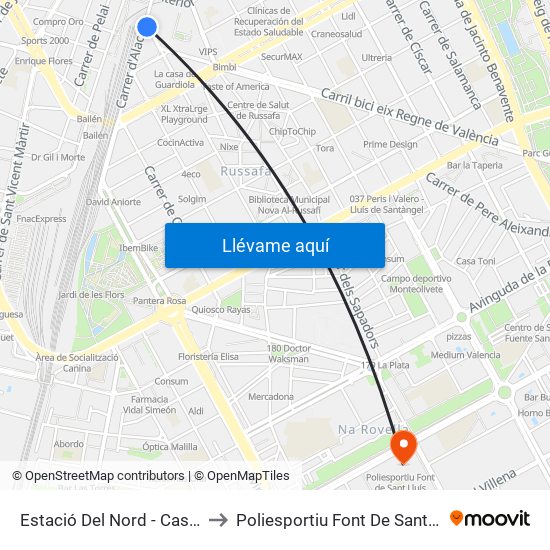 Estació Del Nord - Castelló to Poliesportiu Font De Sant Lluís map