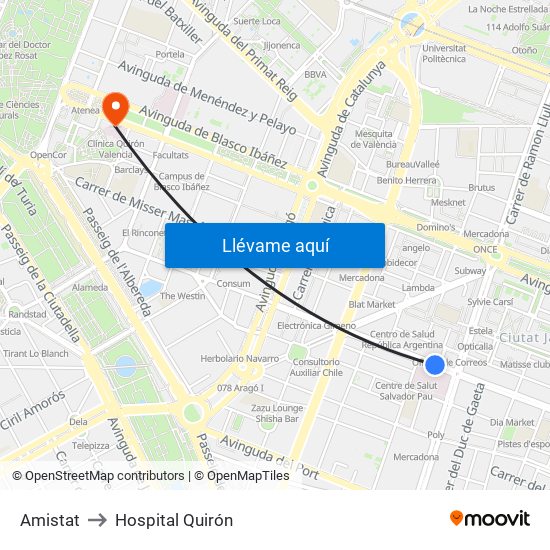 Amistat to Hospital Quirón map