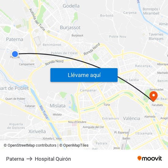 Paterna to Hospital Quirón map