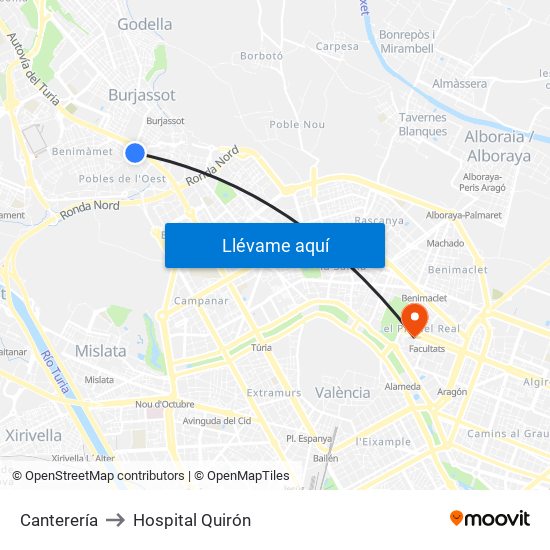 Canterería to Hospital Quirón map