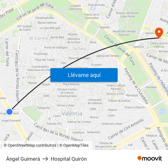 Àngel Guimerà to Hospital Quirón map