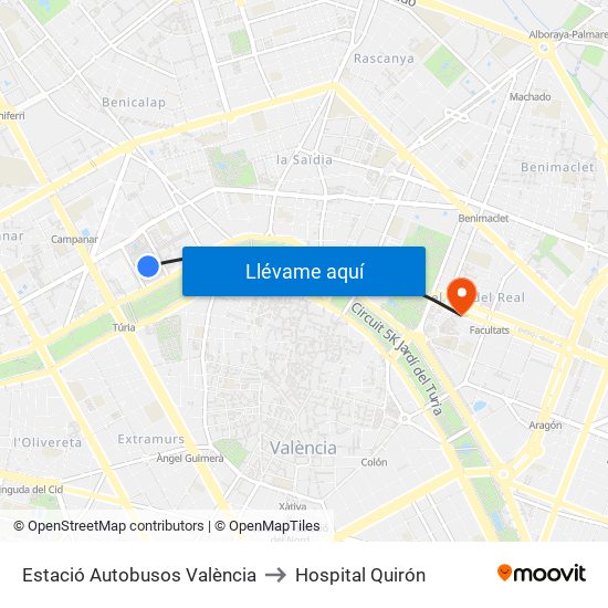 Estació Autobusos València to Hospital Quirón map