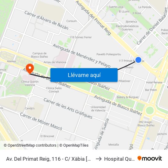 Av. Del Primat Reig, 116 - C/ Xàbia [València] to Hospital Quirón map