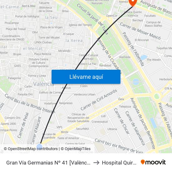 Gran Vía Germanias Nº 41 [València] to Hospital Quirón map