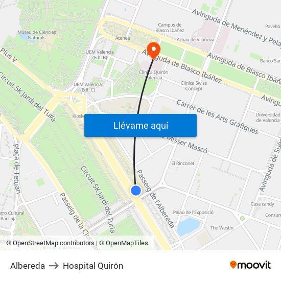 Albereda to Hospital Quirón map