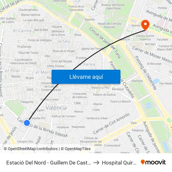 Estació Del Nord - Guillem De Castro to Hospital Quirón map