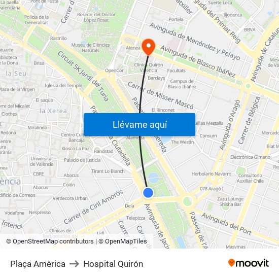 Plaça Amèrica to Hospital Quirón map