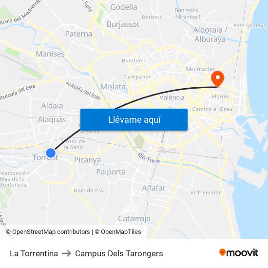 La Torrentina to Campus Dels Tarongers map