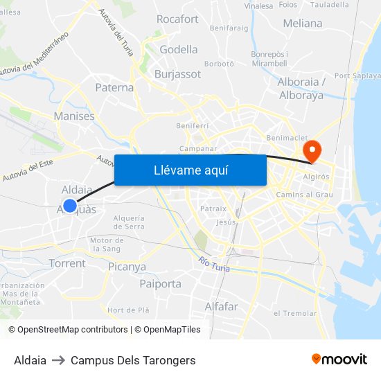 Aldaia to Campus Dels Tarongers map