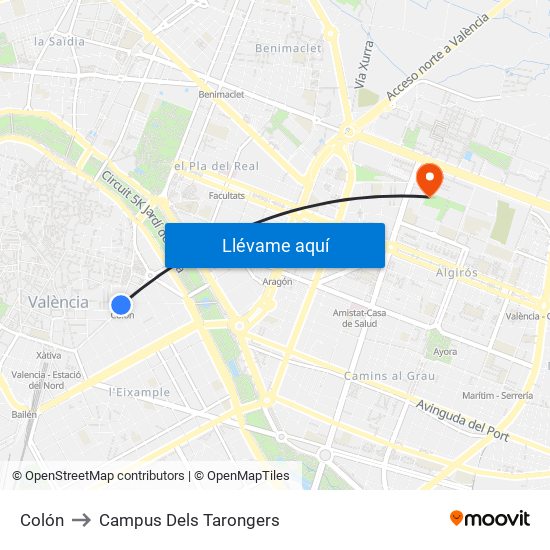 Colón to Campus Dels Tarongers map