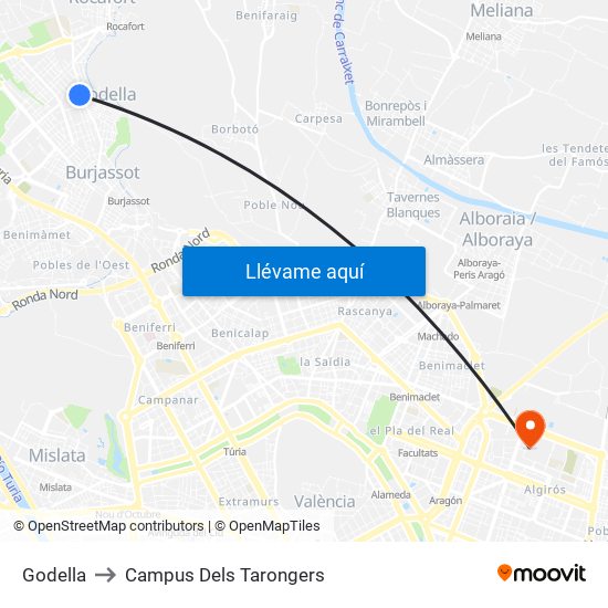 Godella to Campus Dels Tarongers map