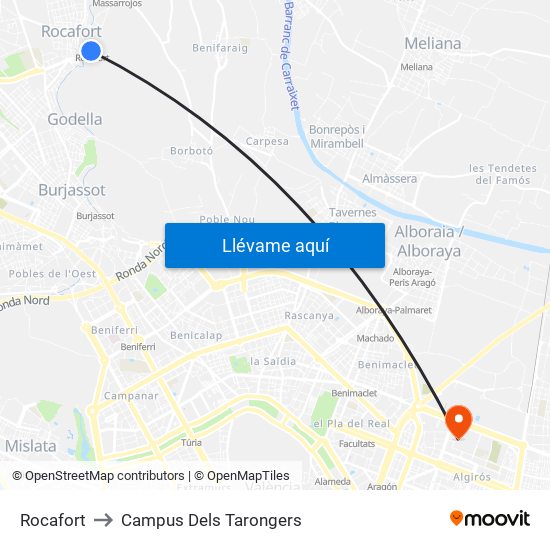 Rocafort to Campus Dels Tarongers map