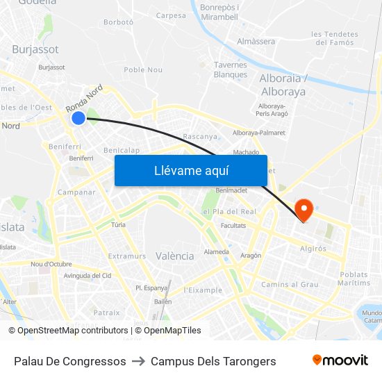 Palau De Congressos to Campus Dels Tarongers map