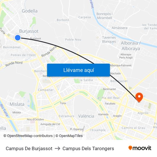 Campus De Burjassot to Campus Dels Tarongers map