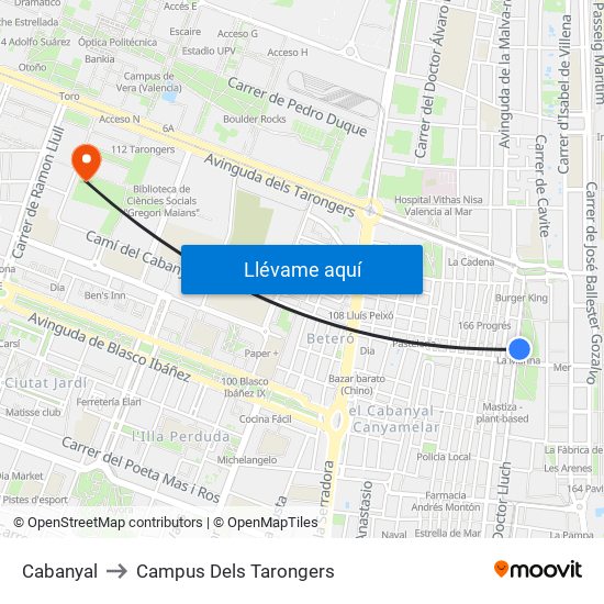 Cabanyal to Campus Dels Tarongers map