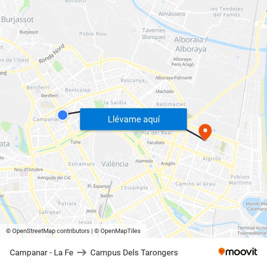 Campanar - La Fe to Campus Dels Tarongers map