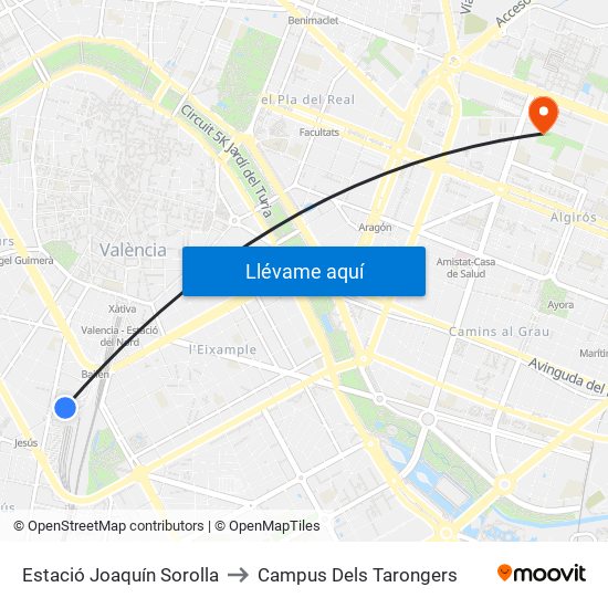Estació Joaquín Sorolla to Campus Dels Tarongers map