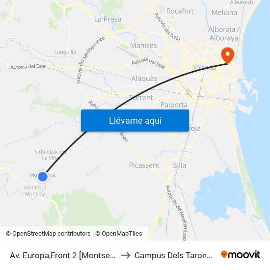 Av. Europa,Front 2 [Montserrat] to Campus Dels Tarongers map