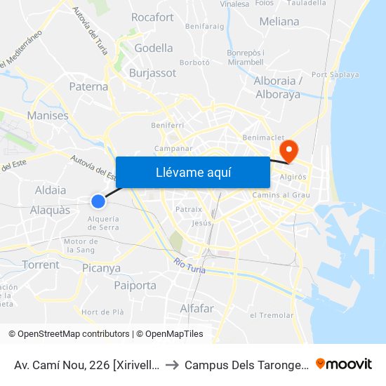 Av. Camí Nou, 226 [Xirivella] to Campus Dels Tarongers map