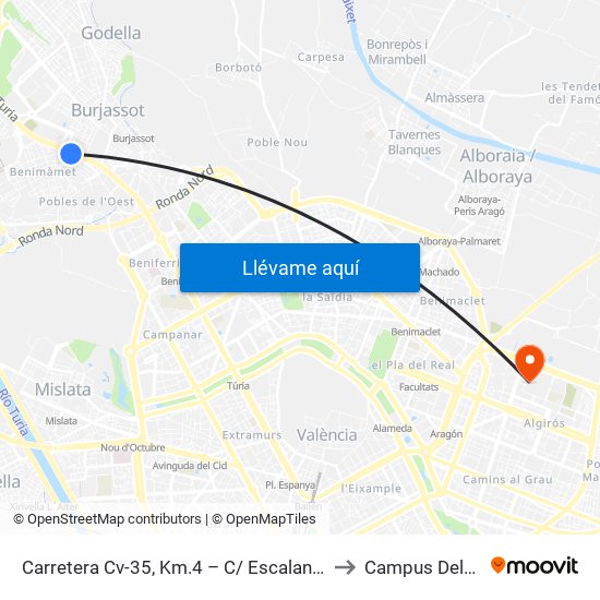 Carretera Cv-35, Km.4 – C/ Escalante – Facultades [Burjassot] to Campus Dels Tarongers map