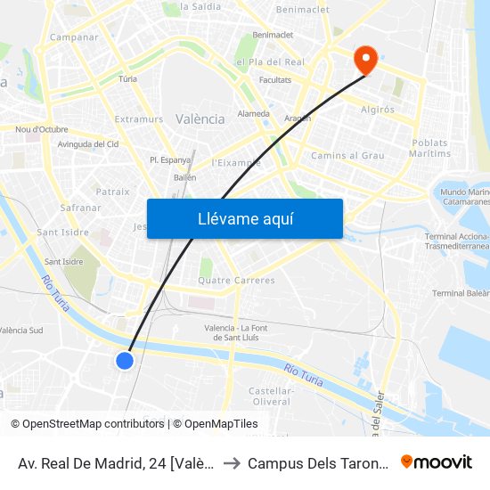 Av. Real De Madrid, 24 [València] to Campus Dels Tarongers map