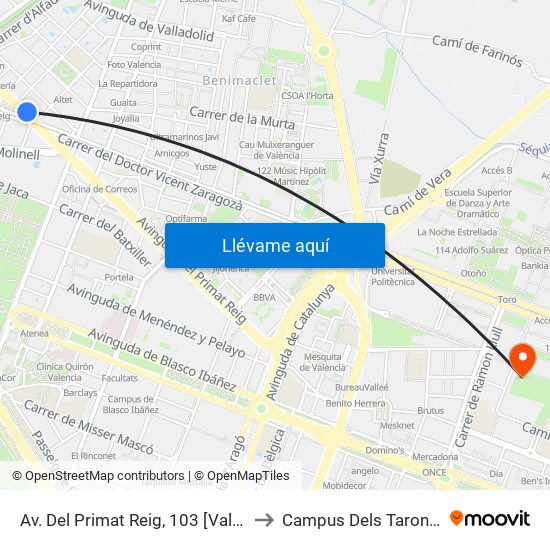 Av. Del Primat Reig, 103 [València] to Campus Dels Tarongers map