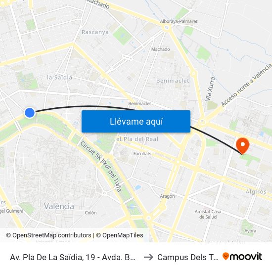 Av. Pla De La Saïdia, 19 - Avda. Burjassot [València] to Campus Dels Tarongers map