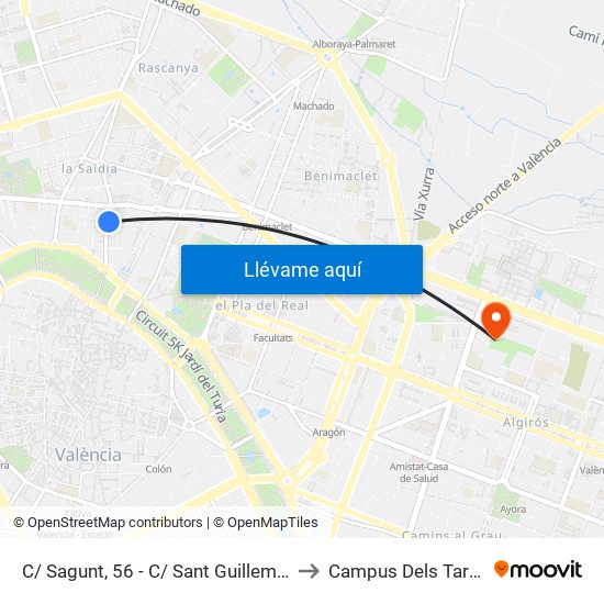 C/ Sagunt, 56 - C/ Sant Guillem [València] to Campus Dels Tarongers map