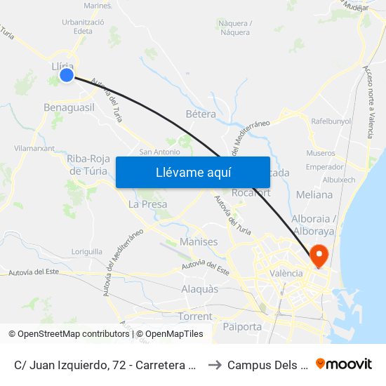 C/ Juan Izquierdo, 72 - Carretera De Vilamarxant [Llíria] to Campus Dels Tarongers map