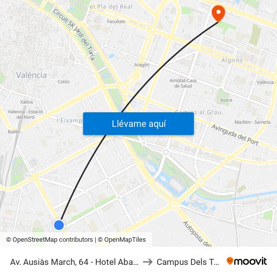 Av. Ausiàs March, 64 - Hotel Abashiri [València] to Campus Dels Tarongers map