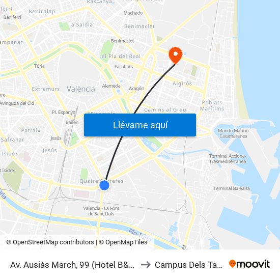 Av. Ausiàs March, 99 (Hotel B&B) [València] to Campus Dels Tarongers map