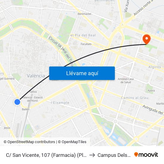 C/ San Vicente, 107 (Farmacia) (Plaza España) [València] to Campus Dels Tarongers map